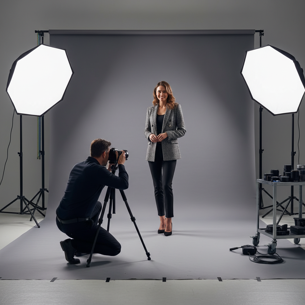 A professional photographer capturing a portrait of a smiling model in a modern photo studio, featuring large softboxes, a neutral gray background, and high-end DSLR equipment on a tripod.