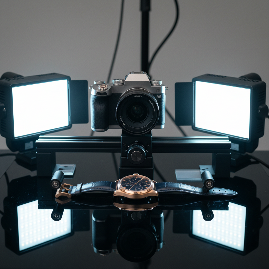 A close-up shot of a professional product photography setup, including a high-end camera on a macro rail, multiple LED panel lights, and a luxury watch placed on a reflective black surface.