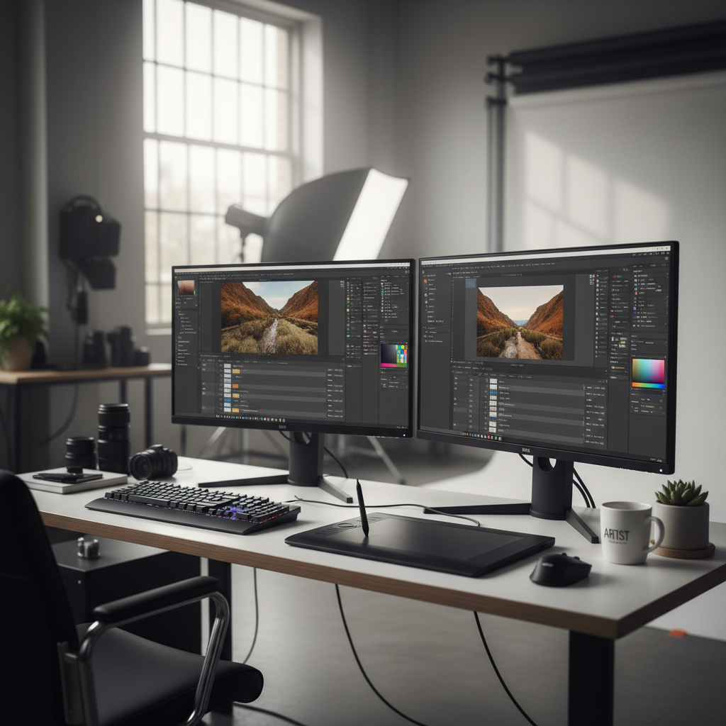 A digital artist workstation in a photo studio, featuring two large color-calibrated monitors showing advanced photo editing software, a professional graphic tablet, and a clean desk aesthetic.