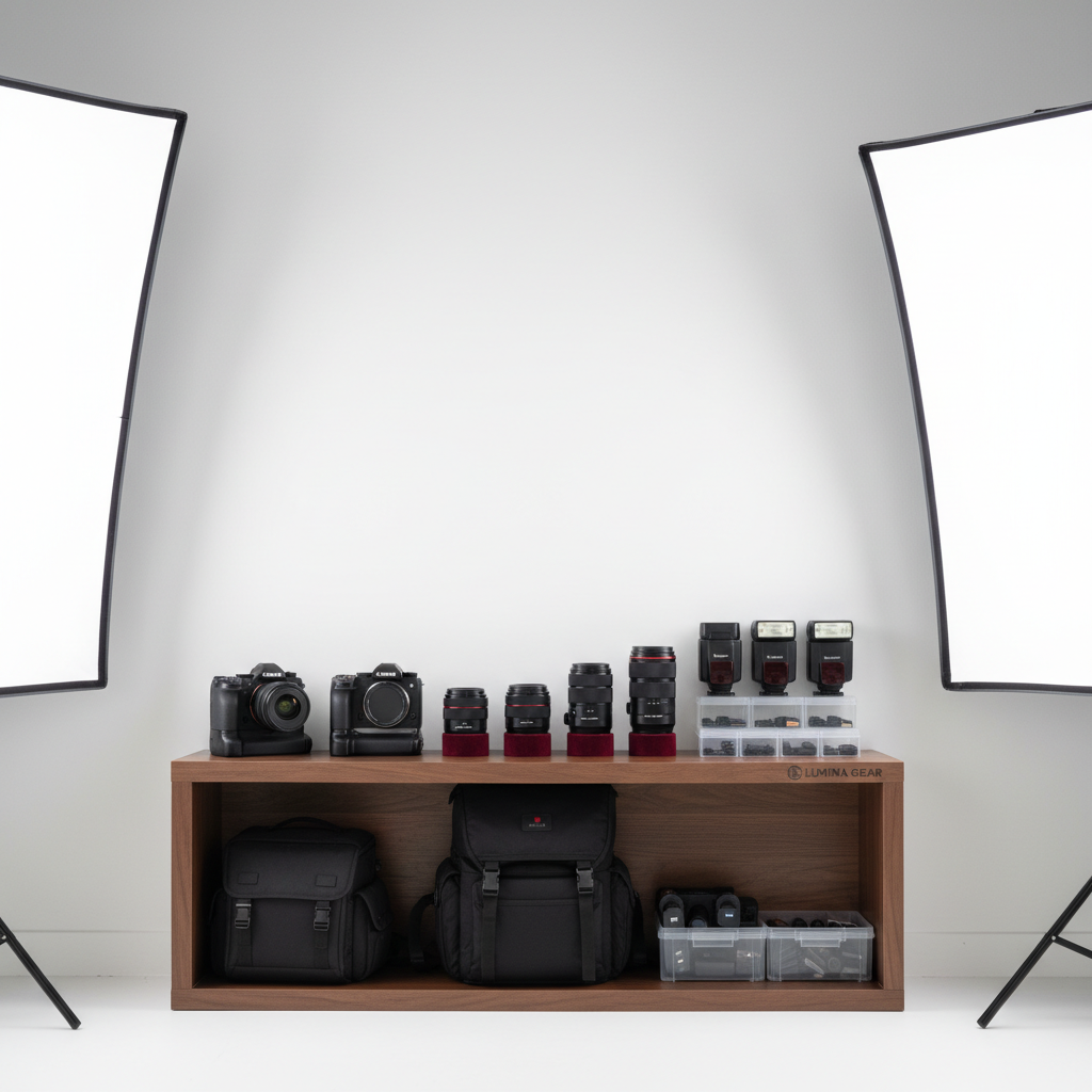 An organized display of high-end camera gear on a sleek wooden shelf, including various prime lenses, mirrorless camera bodies, and external flashes in a brightly lit studio environment.