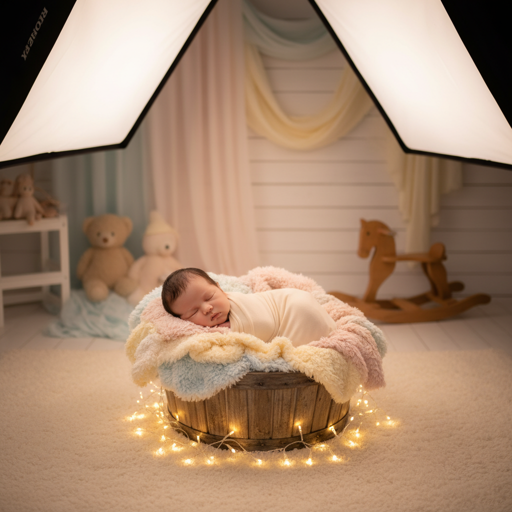 A cozy and warm newborn photography set in a studio, featuring soft pastel-colored blankets, a small rustic basket, fairy lights, and professional lighting adjusted for a gentle atmosphere.