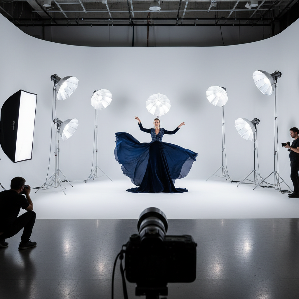 A high-fashion photography session at a large studio with a white cyclorama wall, multiple professional strobe lights with umbrellas, and a model in an elegant gown posing dynamically.