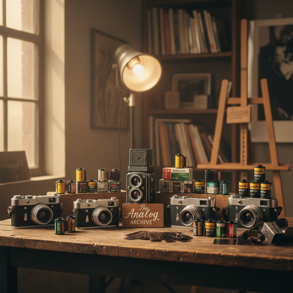 A collection of vintage film cameras and rolls of film arranged artistically on a studio worktable, with soft ambient light creating a nostalgic and creative atmosphere for a photography blog.